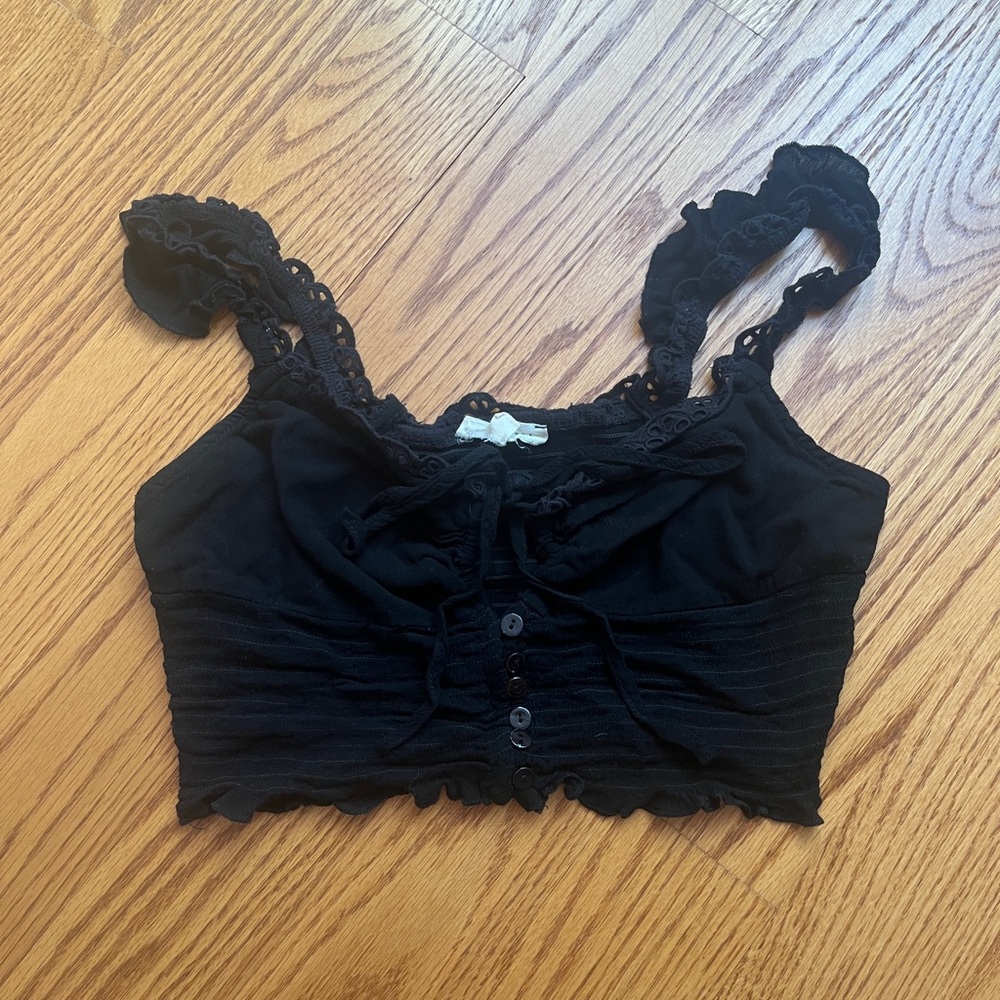 small la hearts black crop top with ruffles and buttons